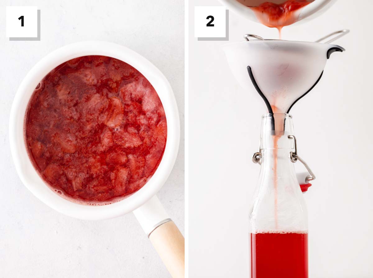 2 steps to make homemade strawberry syrup.