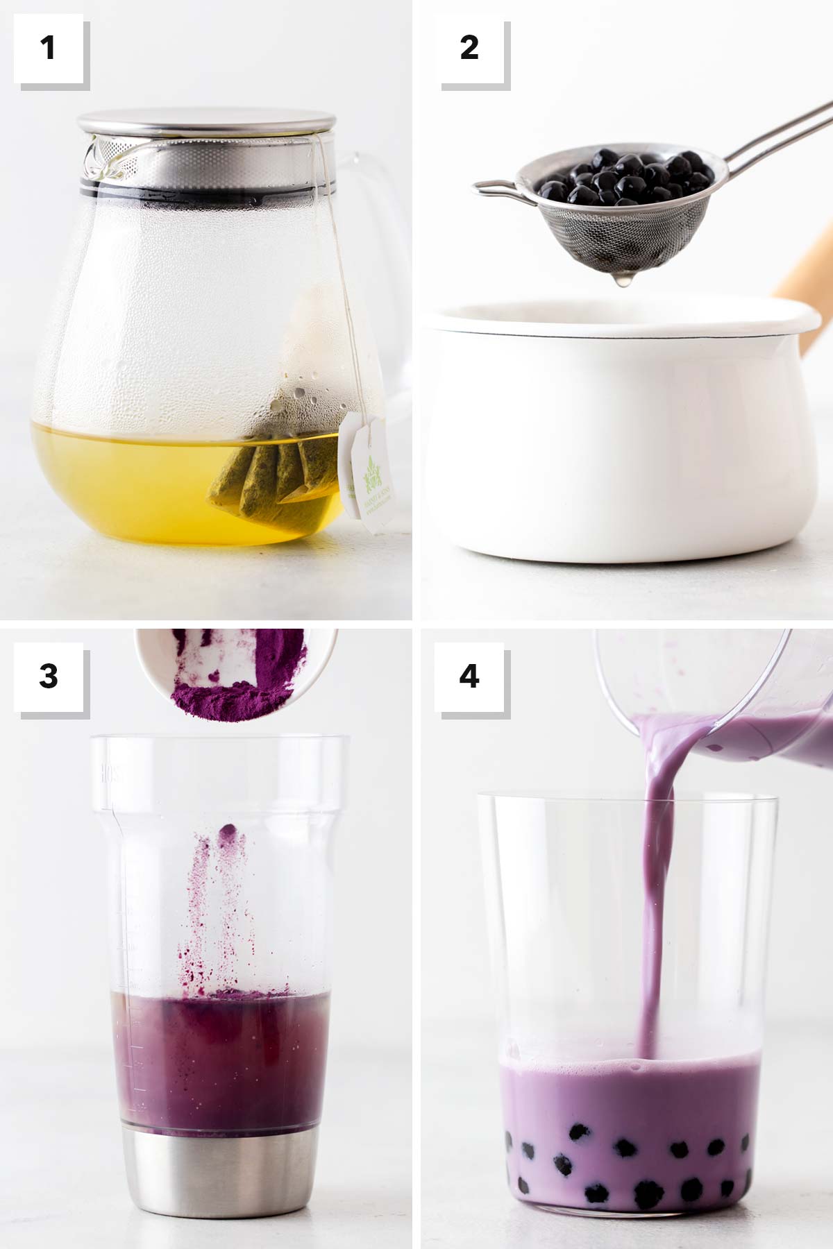 Easy Taro Milk Bubble Tea step-by-step instructions with 4 photos.