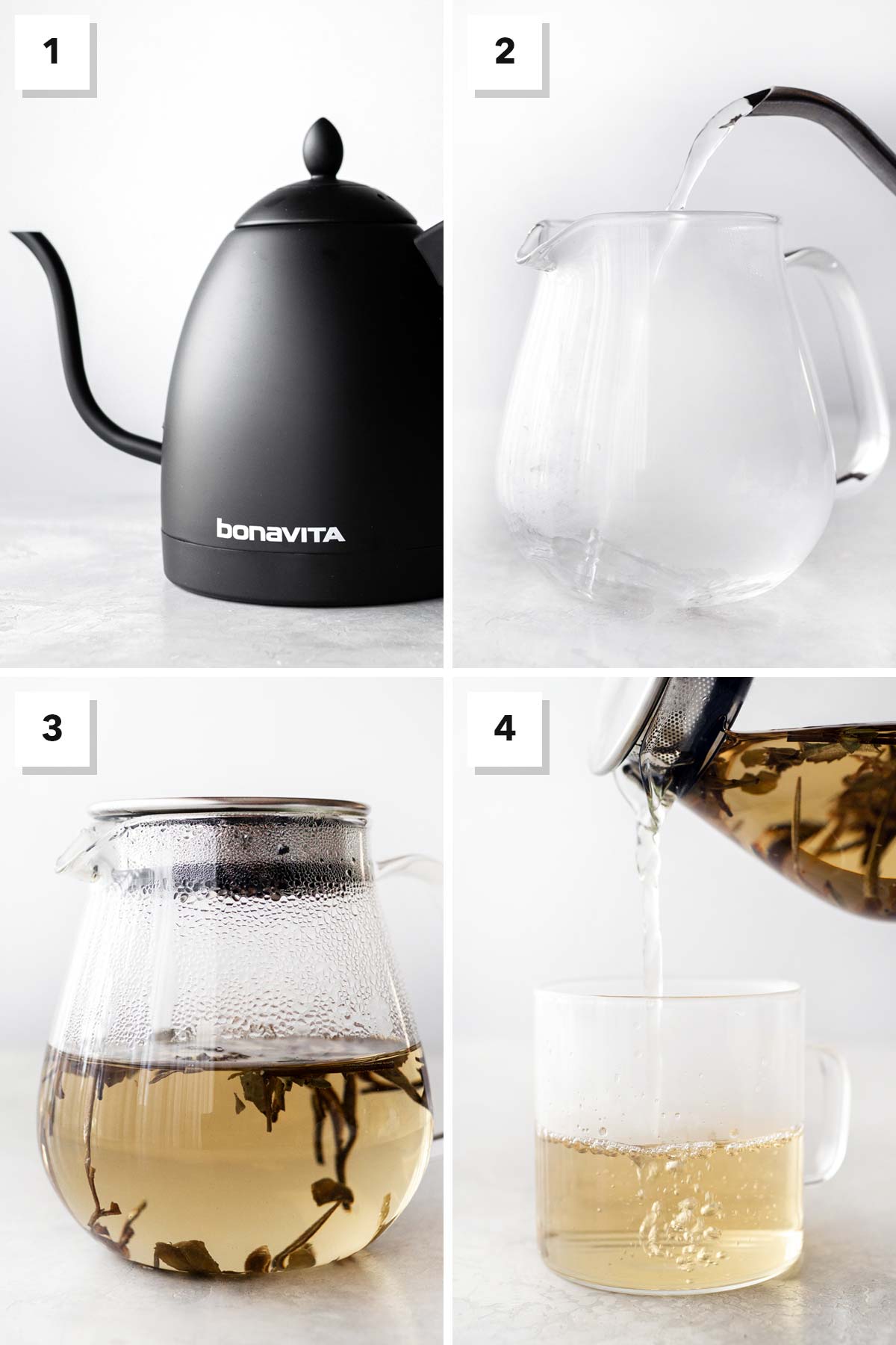 Four photo collage showing steps to make White Peony tea.